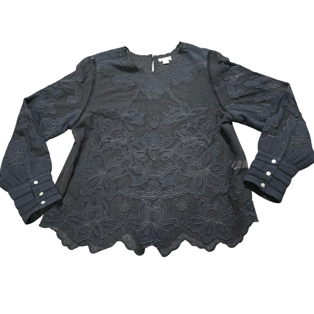Sundance Blouse Women Medium Black Embroidered Eyelet Scallop Long Sleeve Boho